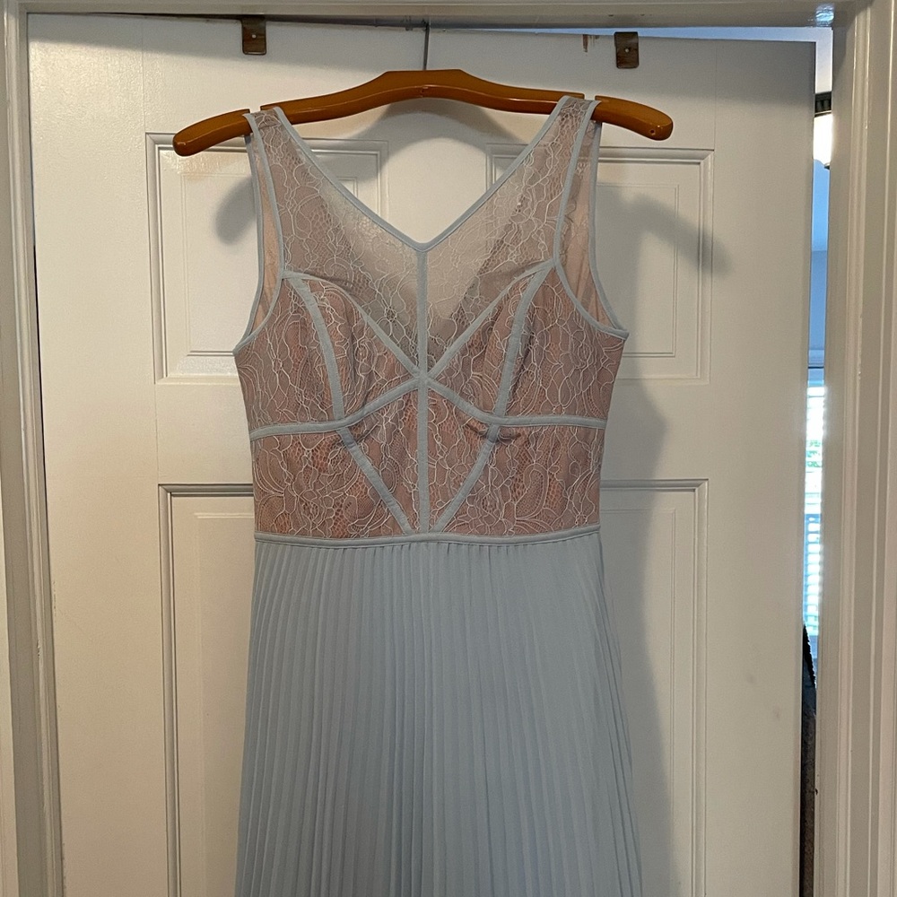 BCBGMAXAZRIA size 2 light blue/nude lace and pleated long gown